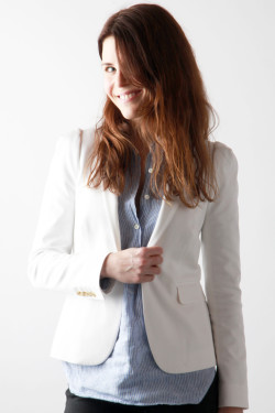 White Blazer, Striped Pullover, Black Pants | Perpetually Chic