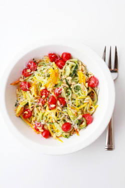 Summer Squash Noodles with Tomatoes, Zucchini Blossoms & Pine Nuts | Perpetually Chic